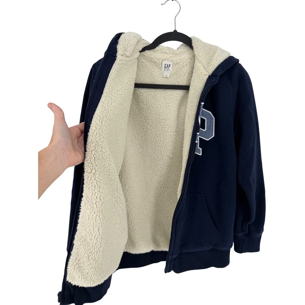 Gap Kids Navy Blue Sherpa Lined Full Zip Logo Hoodie Sweatshirt XXL 14-16